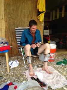 Performing the ritual of covering the feet in Body Glide, changing socks, and eating something substantial every lap. I used to sell lemonade on that table!