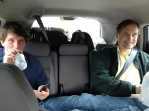 In the car with my dad the day after the 2012 Rocky Raccoon, my first 100 miler. Unfortunately, I inherited his serial killer mug. Notice the Razr flip phone. I've since upgraded to a Target flip phone.